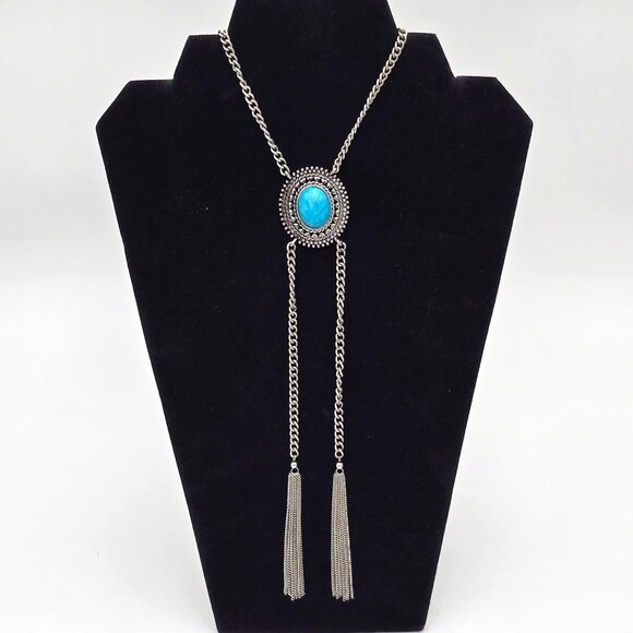 American Eagle Jewelry - American Eagle Silver Tone Necklace w/ Tassels Faux Turquoise Pendant Jewelry